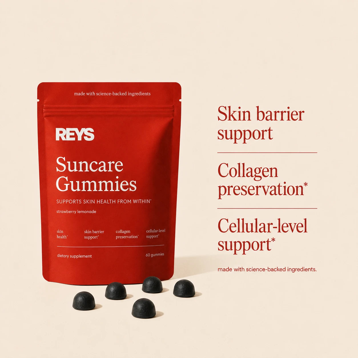 The Suncare Gummies pouch beside its three claims: skin barrier support, collagen preservation, and cellular-level support — made with science-backed ingredients
