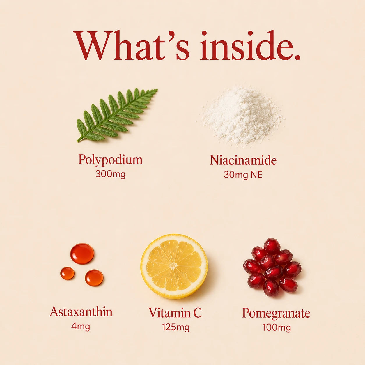 What’s inside — polypodium 300mg, niacinamide 30mg NE, astaxanthin 4mg, vitamin C 125mg, and pomegranate 100mg shown as fern, powder, oil drops, lemon, and arils